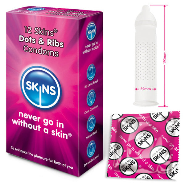 Skins Condoms Dots And Ribs 12 Pack Condoms > Stimulating, Ribbed, Warming 192mm, Male, NEWLY-IMPORTED, Ribbed, Stimulating, Warming - So Luxe Lingerie