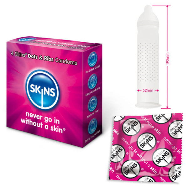 Skins Condoms Dots And Ribs 4 Pack Condoms > Stimulating, Ribbed, Warming 192mm, Male, NEWLY-IMPORTED, Ribbed, Stimulating, Warming - So Luxe Lingerie