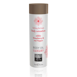 Shiatsu Luxury Body Oil Edible Strawberry And Red Pepper 75ml > Relaxation Zone > Flavoured Lubricants and Oils 75ml, Both, Flavoured Lubricants and Oils, NEWLY-IMPORTED - So Luxe Lingerie