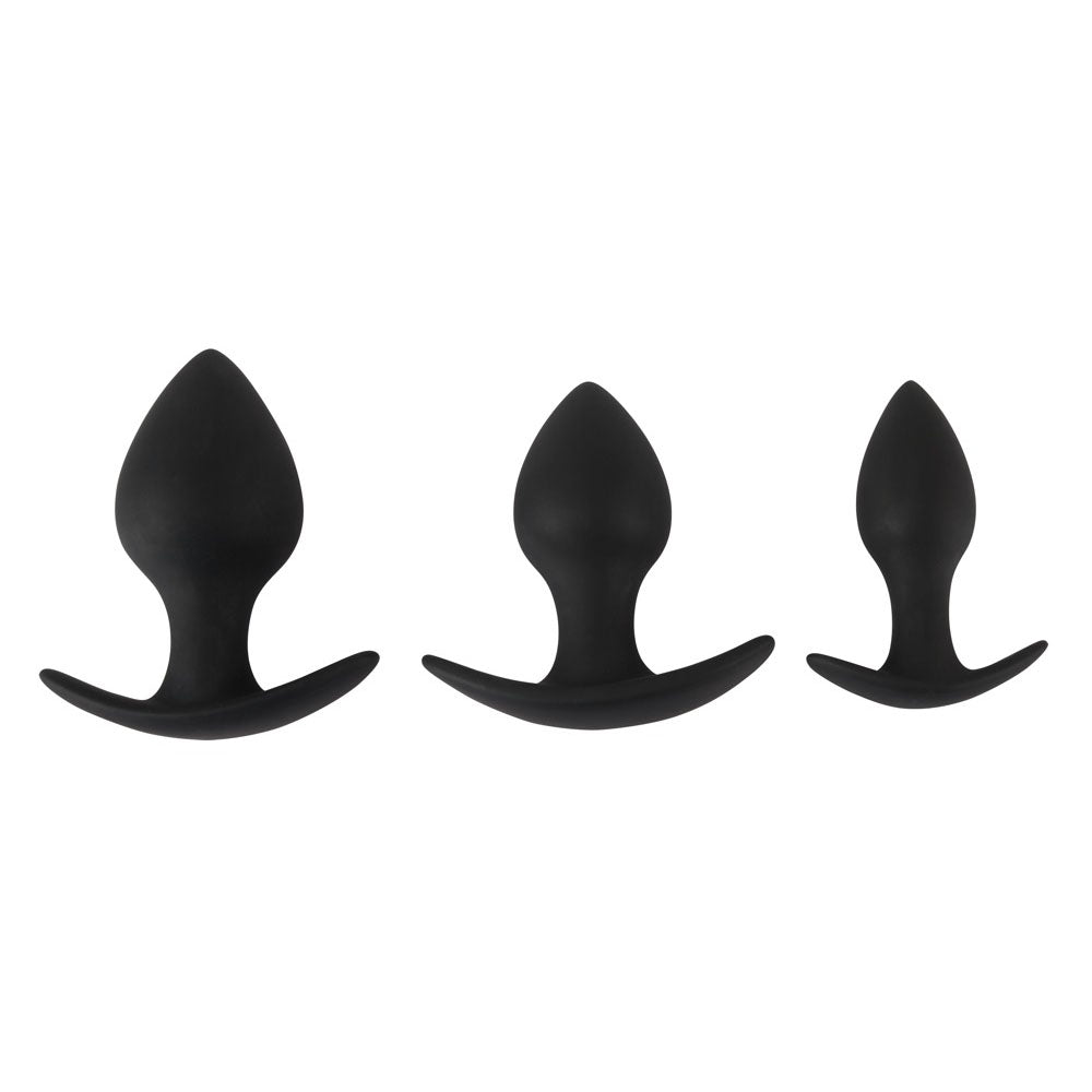 Black Velvet Silicone Three Piece Anal Training Set > Anal Range > Butt Plugs 3, 3.5 and 3.75 inches, Both, Butt Plugs, NEWLY-IMPORTED, Silicone - So Luxe Lingerie