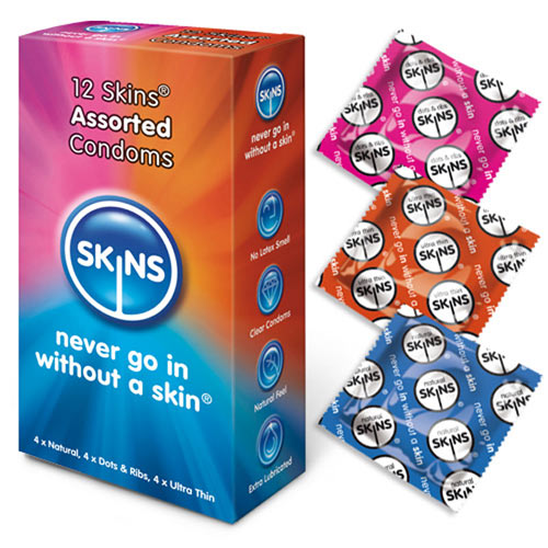 Skins Condoms Assorted 12 Pack Condoms > Natural and Regular 190 mm, Male, Natural and Regular, NEWLY-IMPORTED - So Luxe Lingerie