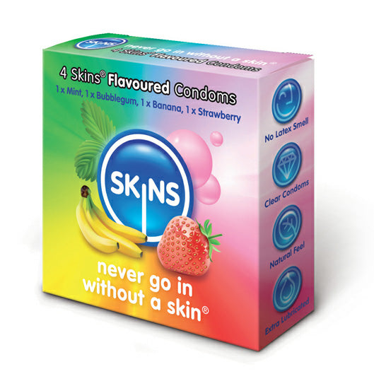 Skins Flavoured Condoms 4 Pack Condoms > Flavoured, Coloured, Novelty Coloured, Flavoured, Latex, Male, NEWLY-IMPORTED, Novelty - So Luxe Lingerie