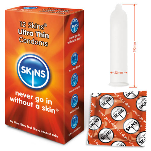 Skins Condoms Ultra Thin 12 Pack Condoms > Ultra Thin 190mm, Male, NEWLY-IMPORTED, Ultra Thin - So Luxe Lingerie