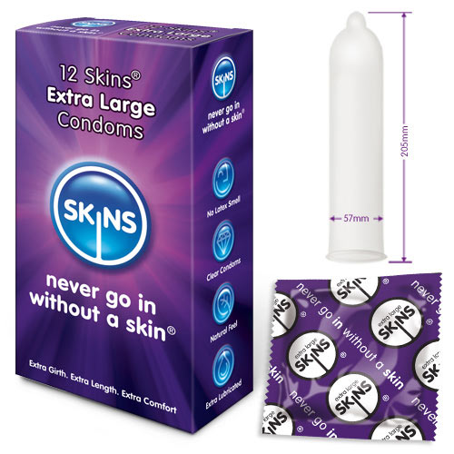 Skins Condoms Extra Large 12 Pack Condoms > Large and X-Large 205 mm, Large and X-Large, Male, NEWLY-IMPORTED - So Luxe Lingerie