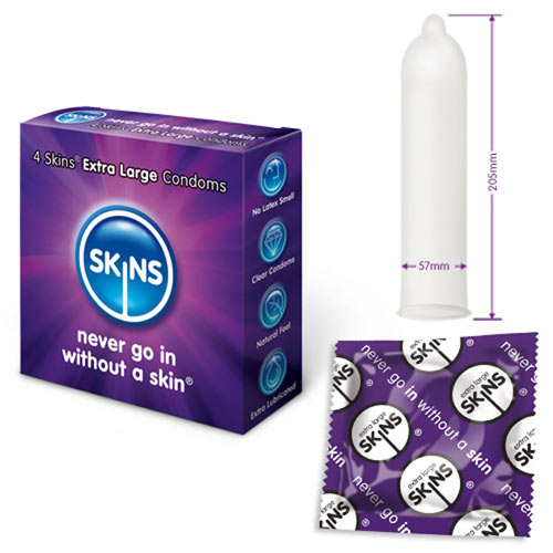 Skins Condoms Extra Large 4 Pack Condoms > Large and X-Large 205 mm, Large and X-Large, Male, NEWLY-IMPORTED - So Luxe Lingerie