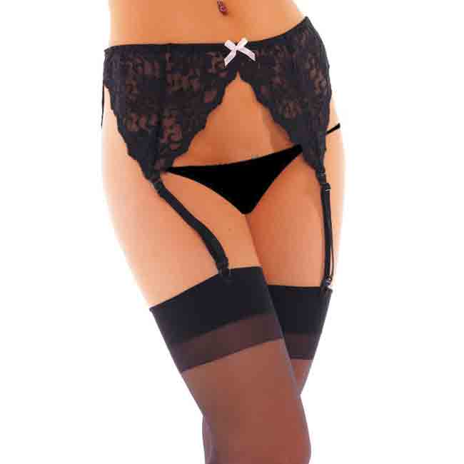 Black Suspenderbelt With Stockings And Bow Clothes > Stockings Female, NEWLY-IMPORTED, Nylon, Stockings - So Luxe Lingerie