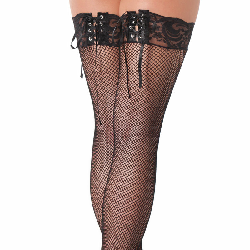 Black Fishnet Stockings With Lace Ribbon Tops Clothes > Stockings Female, NEWLY-IMPORTED, Nylon, One Size, Stockings - So Luxe Lingerie